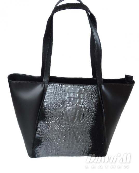 Дамска кожена чанта - сребристо и черно