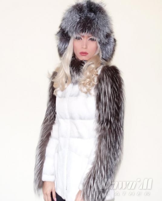 кожена ушанка сребърна лисица - 4
