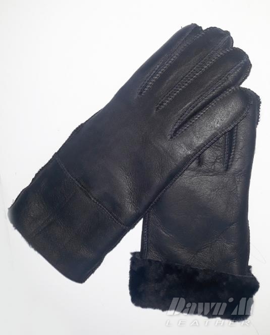 Дамски кожени ръкавици от агнешка кожа с косъм в тъмносиньо