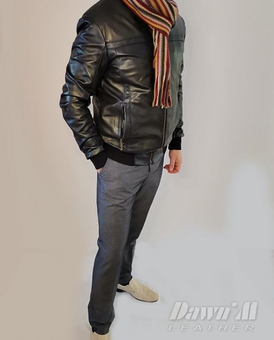 Модерно мъжко кожено яке на ластик в тъмносиньо