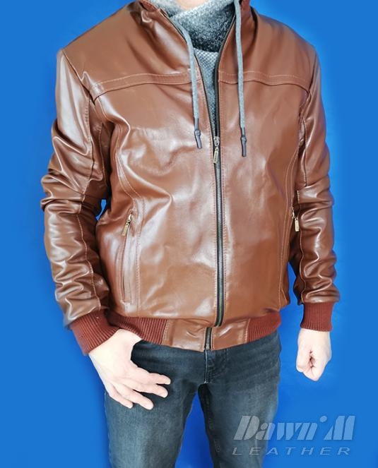 Мъжко кожено яке на ластик в цвят карамел