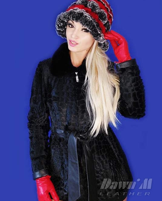 Луксозно дамско кожено палто от пони и норка с релеф