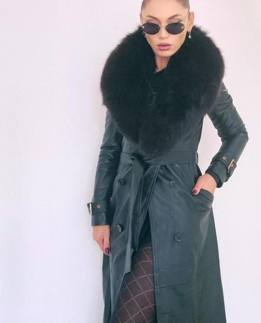 Дамски кожен тренч “Elegance Fox” с подвижна яка от норвежка лисица - 1