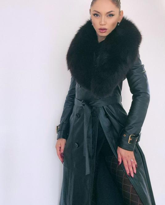 Дамски кожен тренч “Elegance Fox” с подвижна яка от норвежка лисица - 3