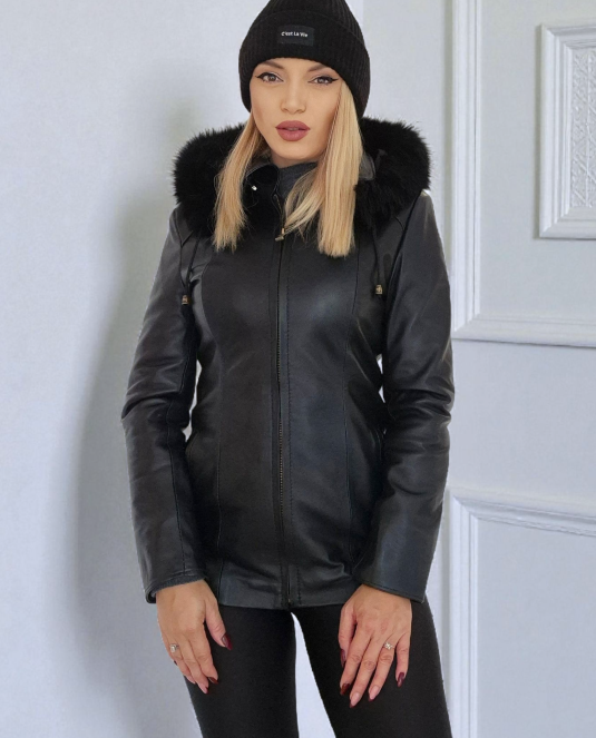 Дамско кожено яке 004 - черно - 3