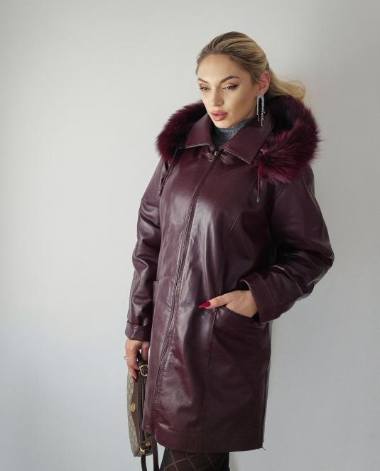 Дамско кожено палто с качулка 130 - 1