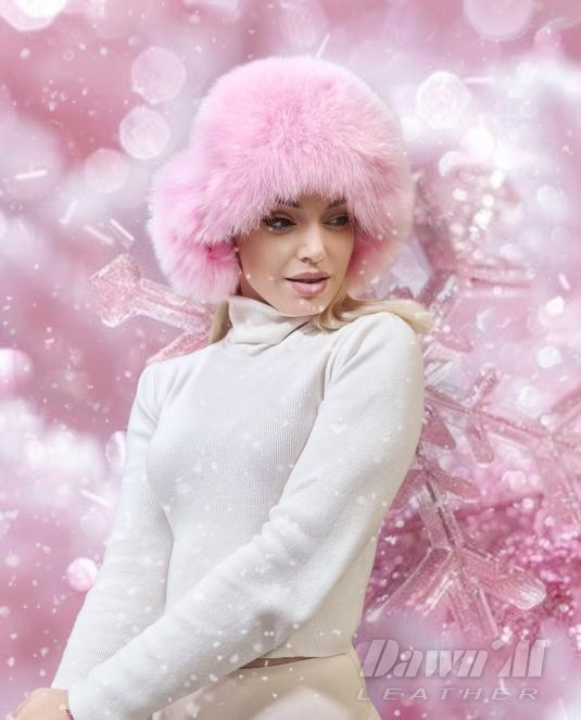 дамска кожена ушанка в розово - 2